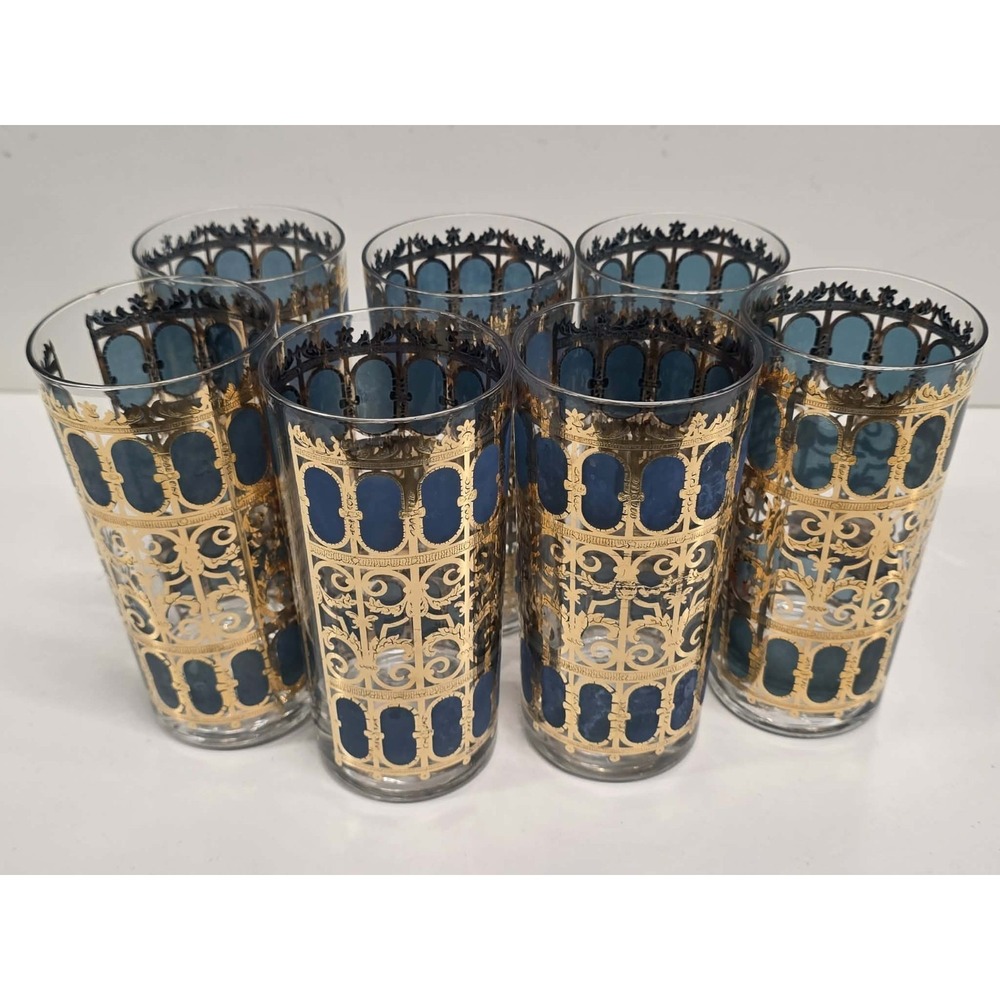 1950s Culver "Emerald Scroll" Barware Set of 7 Tall Drinks Glasses Signed